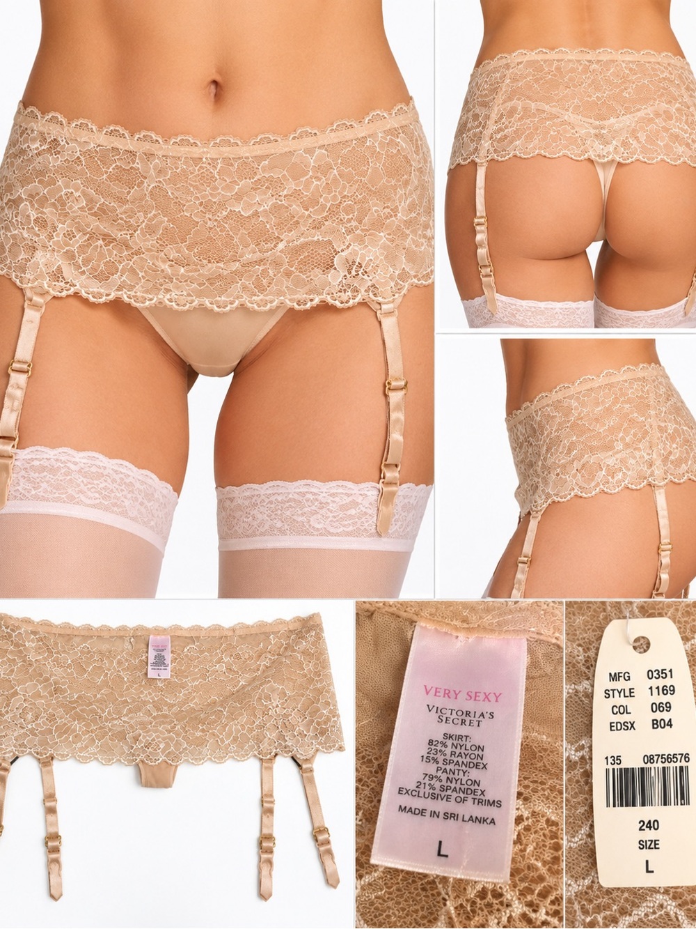 NEW! Victoria’s Secret Very Sexy Lace Garter Belt Nude Floral Lace Size L